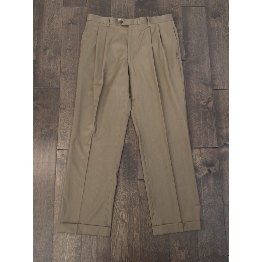 Jos A Bank Mens Beige 100% Wool Pleated Dress Pants Trousers Size 36X31 Cuffed